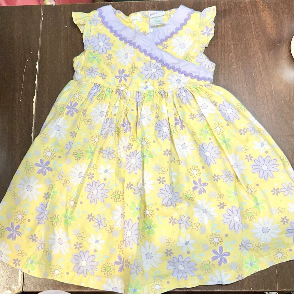 Vtg Okie Dokie Girls Size 3T Yellow Floral Cotton Sundress Purple Ric Rac Y2K‎